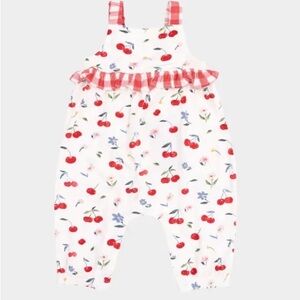 NWT Angel Dear Bamboo Cherry Print and Gingham Ruffle Sleeveless Jumpsuit 0-3M